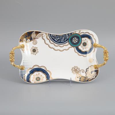 China Ceramic Home New Design Viable Decoration Tray For Fruit Candy Chocolate Cake Wedding Bank With Brass Decor for sale