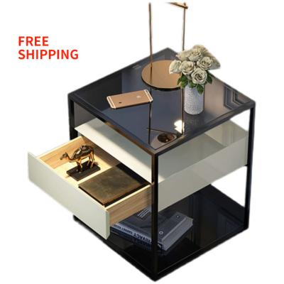 China Free Shipping Three Storey Storage Space Factory Double Storage Countertop Wrought Iron Nightstand Apartment Bedroom Glass Bedside Table for sale