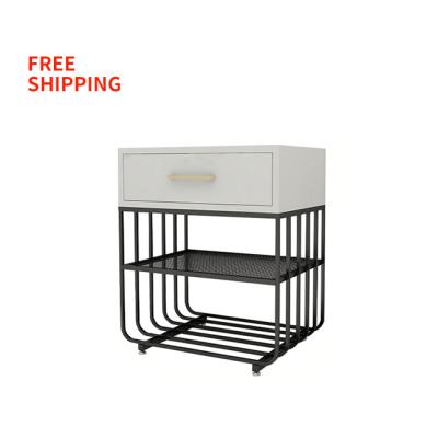 China Free Shipping Three-layer Storage Manufacturers Three-layer Worktop Wrought Iron Table Apartment Bedroom Bedside Table With Drawers for sale