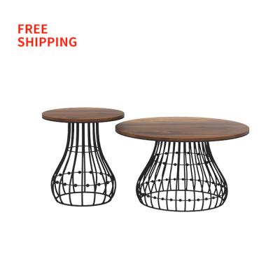 China Free Shipping Coffee Table Living Room Two Side Light Luxury Metal Hollow Round Walnut Solid Wood Table for sale