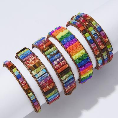 China BOHEMIA Couple Handmade Multicolor Rainbow Quartz Bracelet Emperor Natural Stone Geometric Tube Beads Leather Wrap 7 Chakra Bracelet for sale