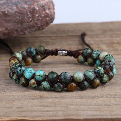 China 6MM natural stone beaded bracelets yoga handmade adjustable double layer braided turquoise rope for sale