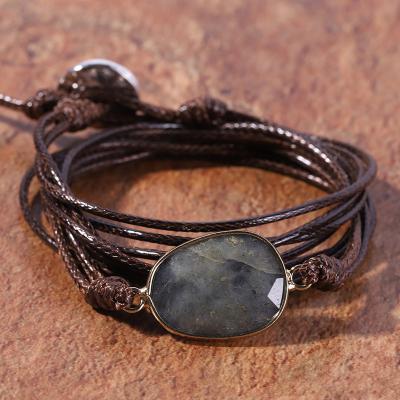 China Friendship Ethnic Handmade Multilayer Gemstone Boho Labradorite Wax Rope Wrap Natural Stone Bracelet for sale