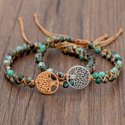 China African Ethnic Handmade Braided Natural Stone Wrap Friendship Yoga Turquoise Double Layers Beaded Tree Of Life Bangle Bracelet for sale