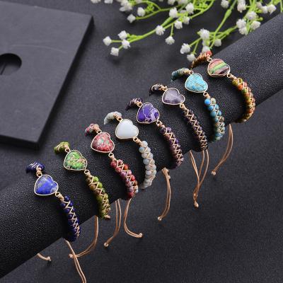 China BOHEMIA Boho Friendship Rope Adjustable Handmade Woven Natural Emperor Stone Bead Heart Wrap Bracelet for sale