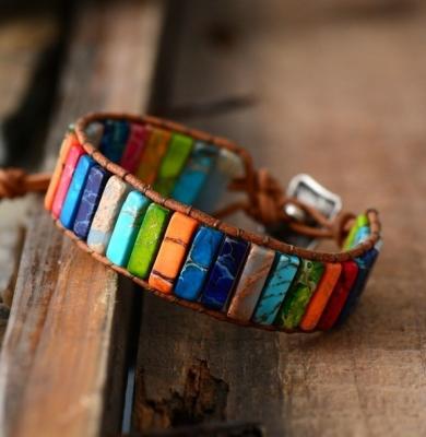 China BOHEMIA Bohemian Handmade Emperor Natural Stone Tube Beads Wrap 7 Chakra Braided Leather Bracelet for sale