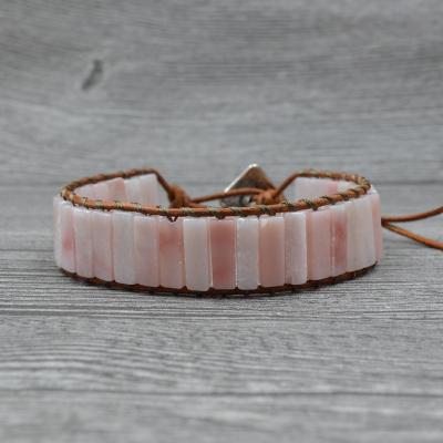 China Pure Handmade Braided Leather Square Bracelets Bohemian Rose Crystal Natural Stone Tube Beads for sale