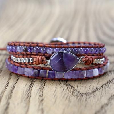 China Jasper Stone Bead Quartz Amethyst Bracelet Stone Crystal 3 Wrap Bracelet Multilayer Natural Handmade Purple Crystal Leather Rope Weave Bracelet for sale