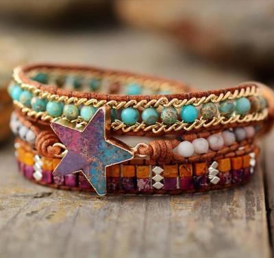 China Hand - Woven Boho Bracelet 2022 Handmade Natural Gemstone Emperor 3 Layers Braided Star Pentagon Star Beaded Multilayers Wrap Leather Bracelet for sale