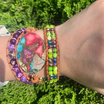 China 5 Layers Galaxy Ethnic Handmade Mixed Natural Sea Drop Jasper Color Imperial Stone Beaded Wrap Leather Bracelet for sale