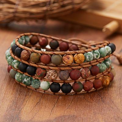 China Bohemia Bohemia Vintage 3 Strands Leather Multilayer Adjustable Leather Handmade Braided Wrap Natural Stone Bead Bracelet for sale