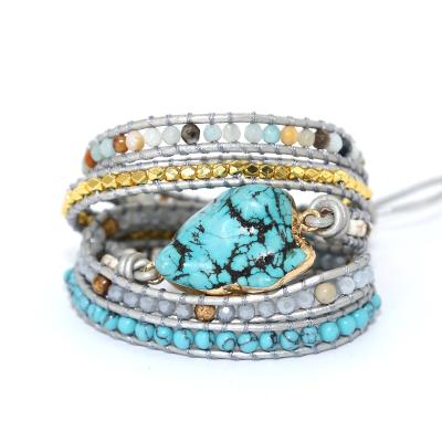 China BOHEMIA Handmade Braided 5 Layers Natural Stone Jasper Turquoise Leather Wrap Beaded Bracelets for sale