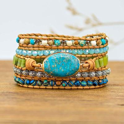 China La BOHÊME Boho Jasper Natural Emperor Stone Leather Braided Handmade 5 Layer Wrap Bracelet for sale