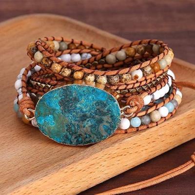 China Handmade Braided Mixed Natural Stone Bracelet Sea Boho Beads Sediment Natural Stone Bracelet 5 Layers Ocean Jasper Gemstone Leather Wrap Bracelet for sale