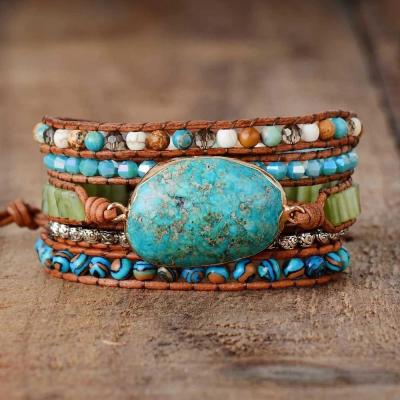 China 2022 BOHEMIA Bohemian Handmade Multilayer Mixed Natural Stone Beads Bracelet Gemstone Turquoise Stone 5 Strand Wrap Leather Bracelet for sale