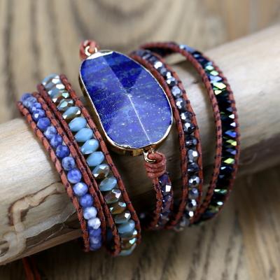 China Natural stone ethnic layers of handmade multilayer bracelet the 5 bead handmade multilayer gemstone lapis lazuli - woven leather rope wrap bracelet for sale