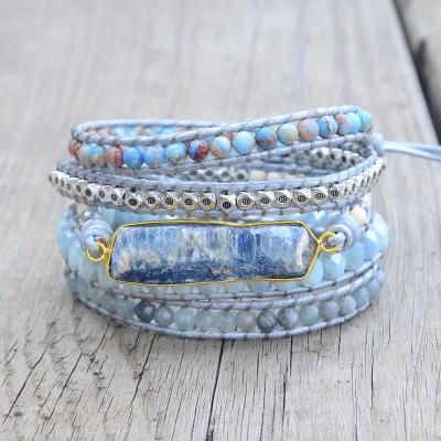 China BOHIME Multilayers mixed natural bule Topaz Gemstone Stone Bead handmade leather wrap bracelet for sale