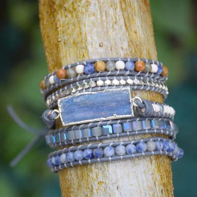 China Handmade Braided Mixed Natural Healing Blue Topaz Stone Natural Stone Bead Bracelet 5 Strands Beaded Rope Wrap Leather Bracelets for sale