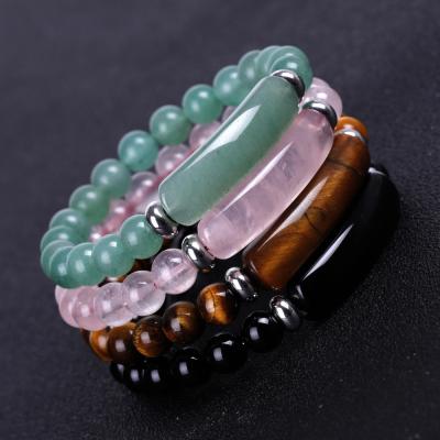 China Genuine Natural Quartz Jade Crystal Stone Beads Vintage 8mm Rectangle Elastic Stretch Tiger Eyes Red Agate Pink Bracelet for sale