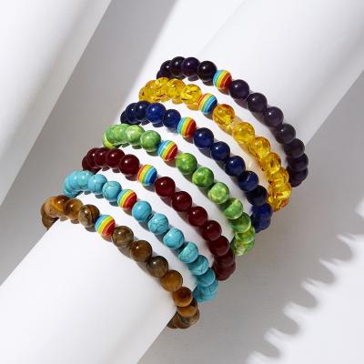 China Handmade Lesbian Lgbt Pride Gay Couple Vintage Adjustable Elasticity 8MM Tiger Eye Natural Stone Rainbow Beads Bracelet for sale