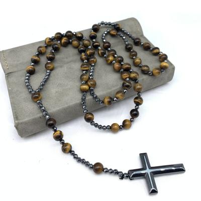 China Tiger Eye Stone Beads Hematite Ethnic Religious Catholic Natural Cross Christ Rosary Chain Sweater Pendant Necklace Men for sale