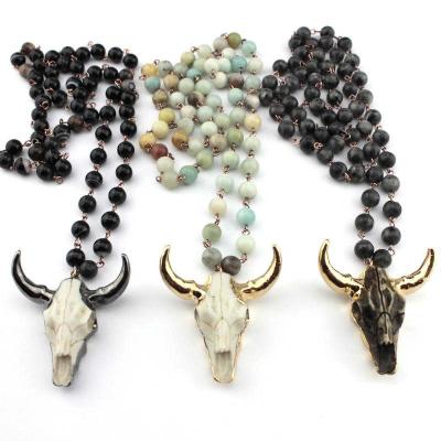 China Resin Rosary Agate Bead Chain Long Sweater Pendant Necklaces Black Natural Stone Tribal Ethnic Ethnic Taurus Head for sale