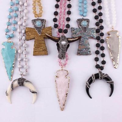 China Natural Tribal Bohemian Ethnic Crescent Moon Bull Head Arrow Cross 8mm Cross Rosary Agate Glass Beads Stone Pendant Necklaces for sale