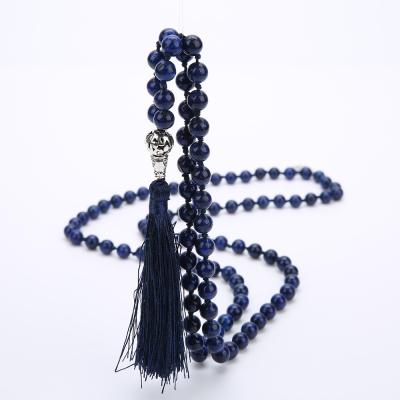 China Handmade Ethnic Meditation Yoga Natural Stone Long Beaded Gemstone Sodalite Lapis Lazuli 8mm 108 Mala Beads Knot Tassel Necklaces for sale