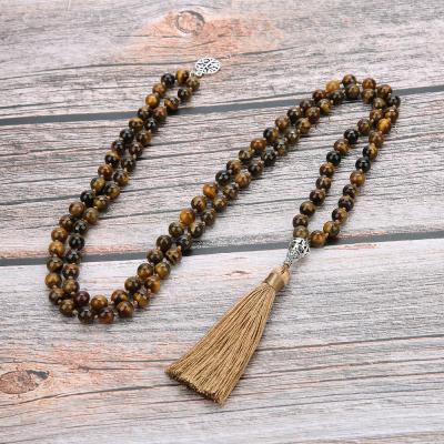 China Ethnic Handmade Meditation Yoga Long Beaded 8mm Natural Yellow Tiger Eye Stone 108 Mala Bead Tassel Necklaces for sale