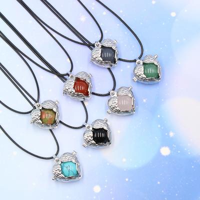 China Natural Angel Wings Round Bead Pendant Crystal Agate Quartz Stone Heart Ball Open Romantic Leather Rope Necklaces for sale