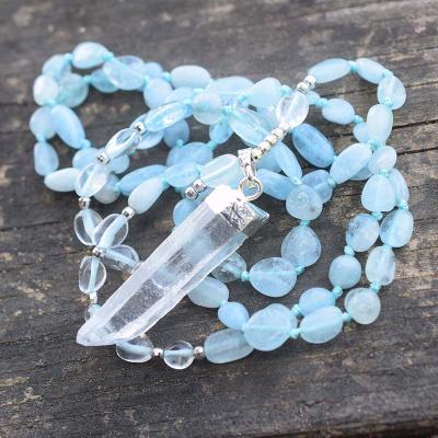 China Crystal Beads Aquamarine Stone Knot Natural Hexagonal White Raw Quartz Beaded Handmade BOHEMIA Bohemia Pendant Necklaces for sale