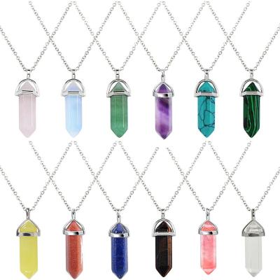 China Hexagonal Quartz Crystal Pendant Necklaces Vintage Collar De Cuarzo Bullet Shape Healing Point Column Pendulum Natural Stone Necklaces for sale