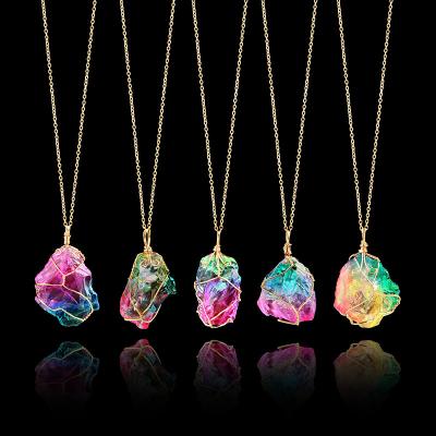 China BOHEMIA Rainbow Quartz Irregular Colorful Natural Stone Wire Wrapped Crystal Chakra Pendant Necklaces for sale