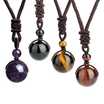 China Round Braided Natural Bead Crystal Tiger Eye Stone Obsidian Ball Amethyst Vintage Rope Necklace Kolye Pendant Necklace for sale