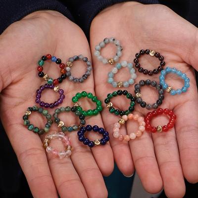 China BOHEMIA Stackable Handmade Elastic Copper Bead Multi Color 4mm Crystal Natural Gem Stones Stretch Rope Beaded Rings for sale