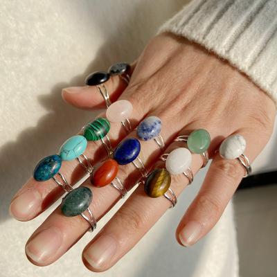 China Adjustable Silver Geometric Gemstone Turquoise Vintage Stainless Steel Open Rings Crystal Quartz Agate Natural Stone for sale