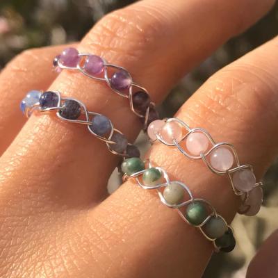 China BOHEMIA Handmade Beaded Copper Wired Natural Quartz Wrapped Crystal Stone Bead Rings Amethyst Gemstone Pink for sale