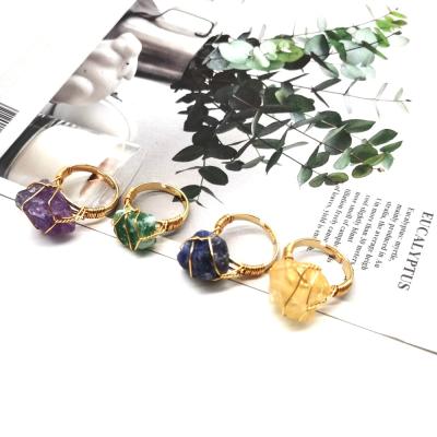 China BOHEMIA Hand Adjustable Open Mineral Wire Wrapped Irregular Natural Raw Druzy Crystal Quartz Gem Rough Stone Rings for sale