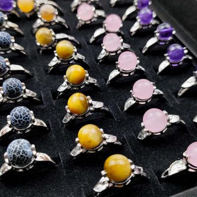 China 2022 Vintage Copper Silver Plated Tiger Eye Stone Amethyst Jade Adjustable Natural Rose Quartz Crystal Bead Rings for sale