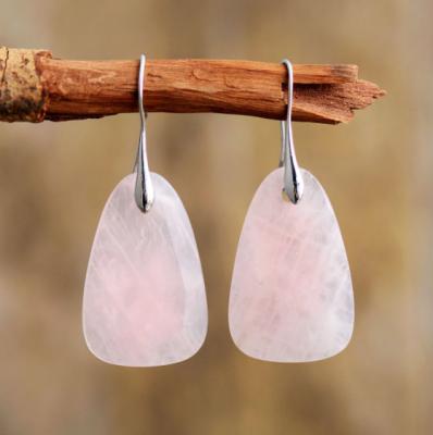 China La BOHÊME Bohemian Sterling Silver Natural Stone Pink Geometric Crystal Rose Quartz Dangle Drop Earrings for sale