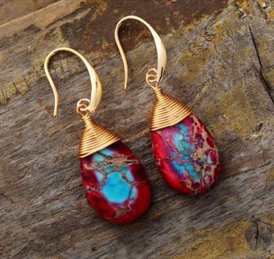 China BOHEMIA Bohemian Handmade Wire Wrapped Natural Stone Jasper Teardrop Dangle Earrings Red for sale