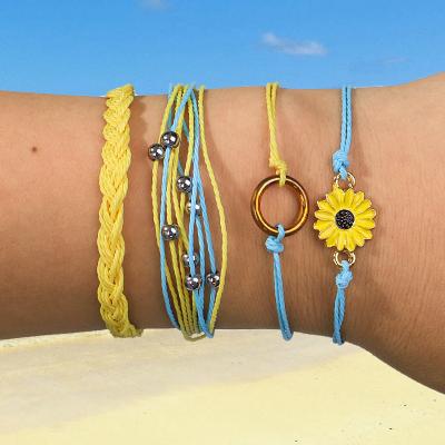 China Handmade Braided Waterproof Summer Daisy Flower Sunflower Bracelets BOHEMIA Friendship Stack Wax Twine Rope Surfer Sets 4pcs/set Boho for sale