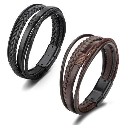 China Pulseras De Cuero Hombre Punk Pulseras De Cuero Hombre Magnetic Multilayer Braided Rope Buckle Punk Alloy PU Leather Bracelet For Men for sale