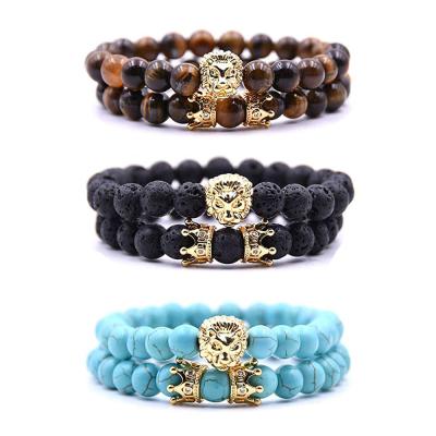 China 2pcs/set Vintage Turquoise Tiger Eye Volcanic Lava Stone Bead Bracelet Set Natural Elastic Gold Lion Head Crown Bracelet Set For Men for sale