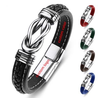 China Punk Twisted Stainless Steel Logo Rope Cuff Bangle Custom Leather Bracelet For Men for sale