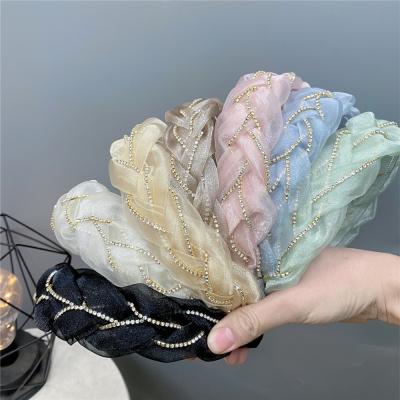 China Fashion Colorful Organza Chain Rhinestone Chat Mesh Women Twist Hair Braid Headband for sale