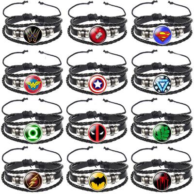 China Adjustable Multi Layer Marvel Superhero Punk Logo Braided Cowhide Rope Leather Grass Tied Bracelets for sale