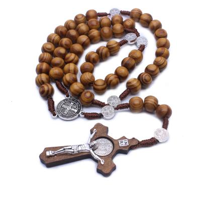 China Jesus Christ 10MM Handmade Religious Catholic Wooden Bead Vintage Rosary Cross Pendant Necklaces for sale