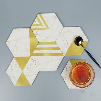 China Best Viable Selling Modern Marble Gold Absorbent Coaster Coffee Beer Wine Wine Hexagon Ceramic Mug Mat Set With Box for sale