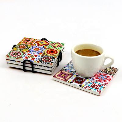 China Custom Print Kitchen Table Tea Table Coffee Viable Decorative OEM Tile Coasters Ceramic Cup Mat Set for sale